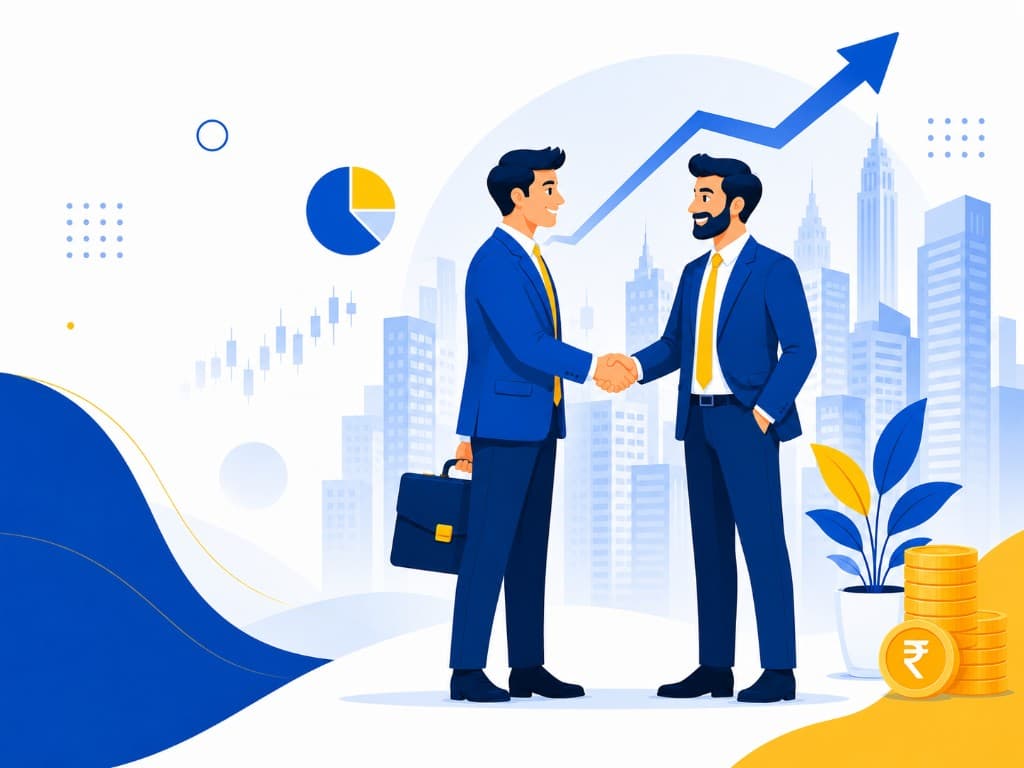 EZ Wealth business partnership illustration — two professionals shaking hands with growth chart, rupee coins and city skyline